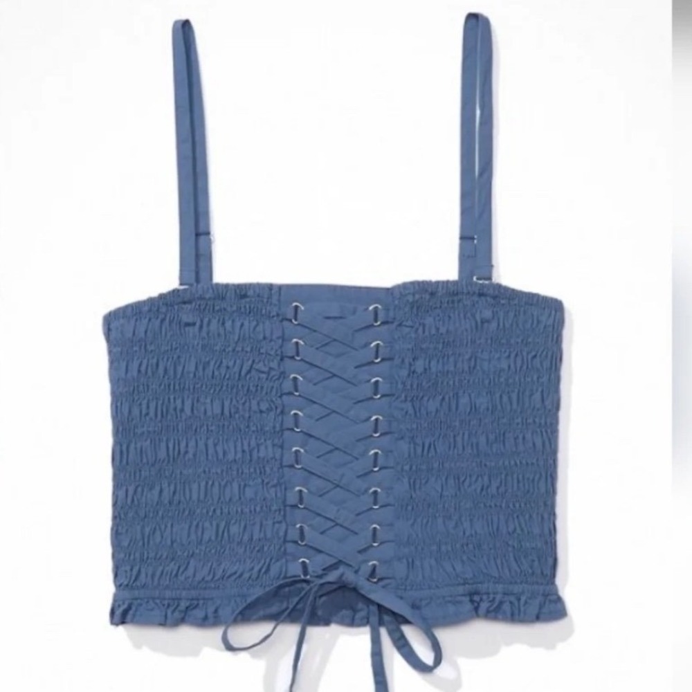 Cottagecore American Eagle Blue Smocked Lace Up Corset Top Removable Straps XL